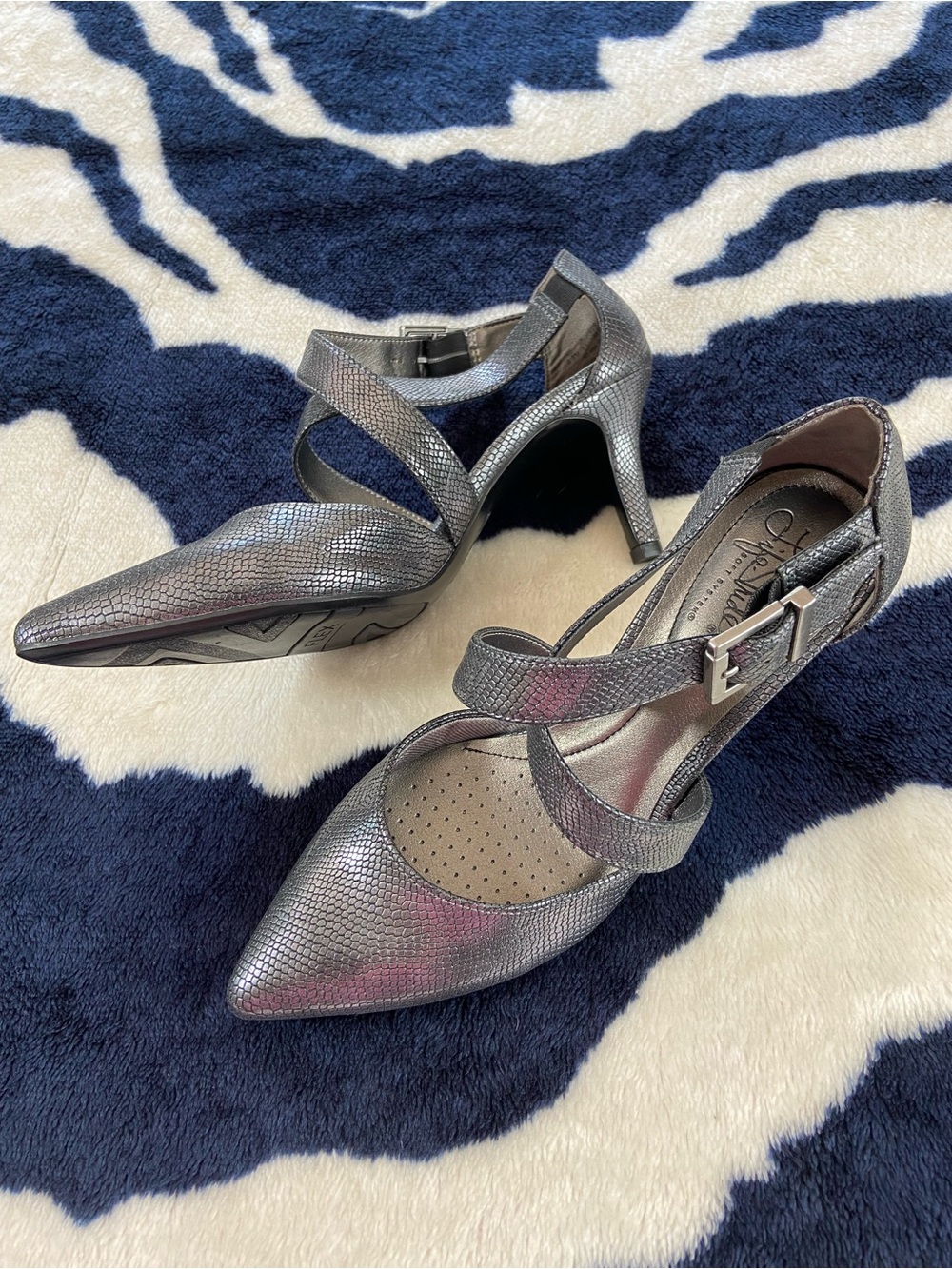 LifeStride See This Heels Pumps Metallic Pewter Snake Print Strappy Sz 8.5